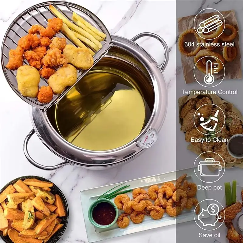 ABUN 304 Stainless Steel Tempura Fryer Pan, Japanese Deep Frying Pot with Thermometer and Lid, Oil Saving