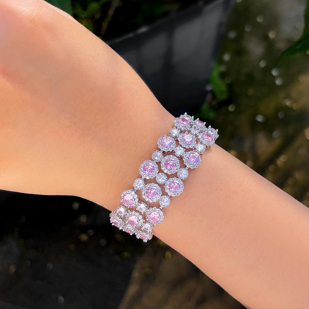 

BeaQueen Нежные блестящие розовые циркониевые массивные большие браслеты для женщин и девочек, ювелирные изделия на день рождения, праздничный подарок B290