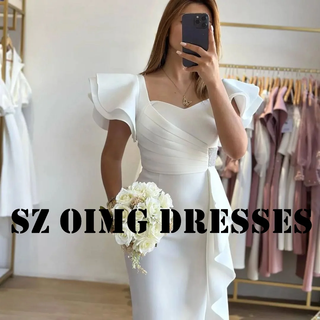 OIMG New Design Prom Dresses Short Sleeves Saudi Arabic Women Mermaid Satin Ruffles White  Gowns Formal Party Dress Customized