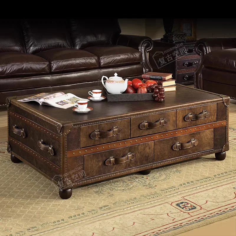 Mesa de centro estilo europeu com superfície de couro cera vintage, villa americana sala de estar charuto recepção mesa de chá