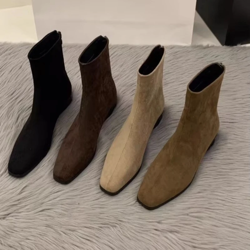 2025 Peach-colored Back-Zip Nude Boot - Fashion Square-Toe - Fall/Winter Style - High Heel - Women's Elegant - Tight Short Boot
