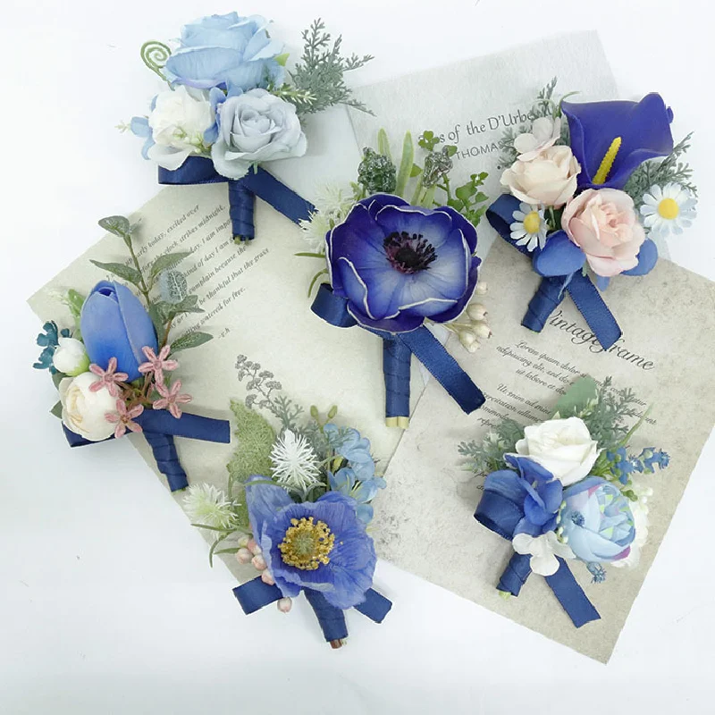 Boutonniere En Pols Corsag Bruiloft Benodigdheden Banket Gasten Bruid En Bruidegom Borst Bloem Handbloem Blauwe Calla Rose 354