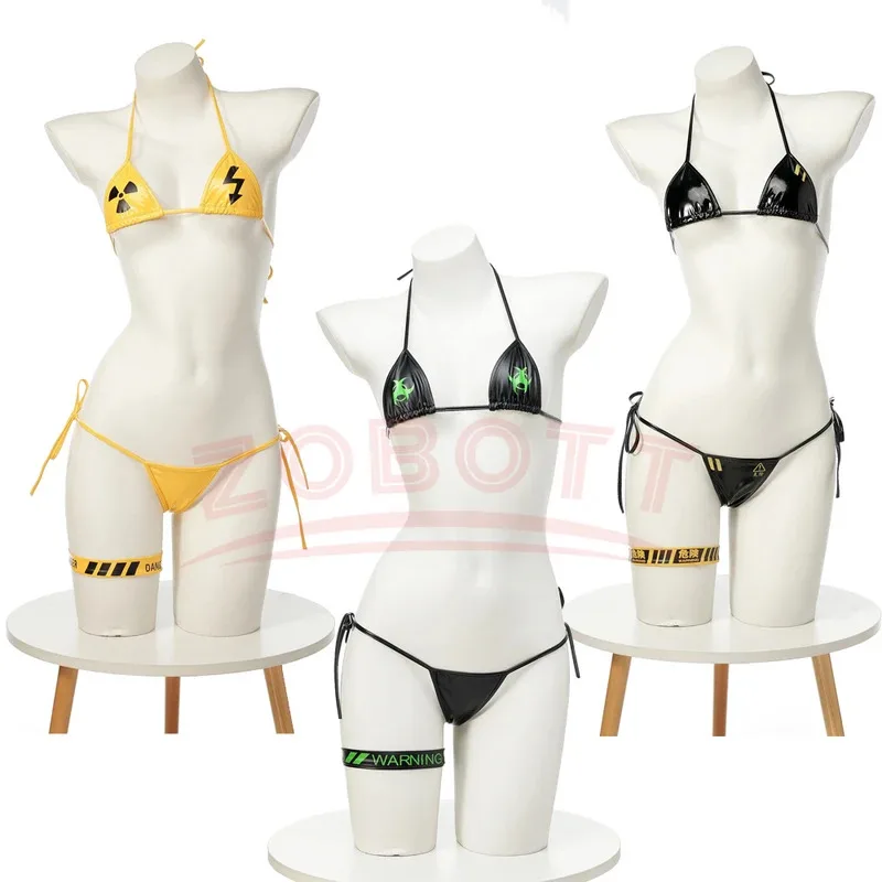 l2025l New Anime Cyberpunk Danger Warning Yellow Bikini Swimsuit Women Anime Game Three Point Leather Underwear Set Costume Cosp