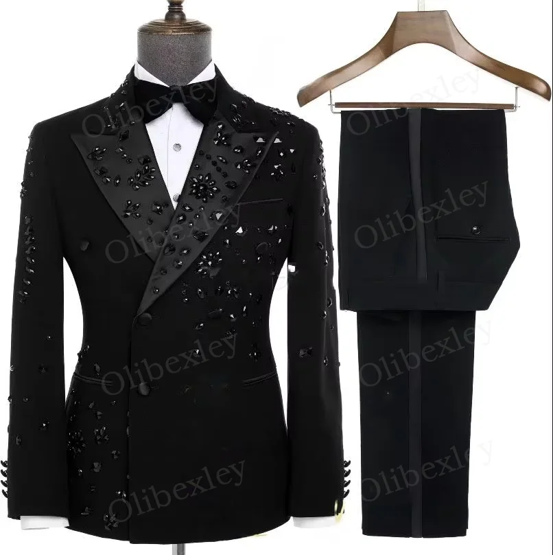 

Black Slim Fit Men's 2 Piece Tuxedo Set with Customized Lapel Beaded Crystals Luxury Quality for Wedding Groom