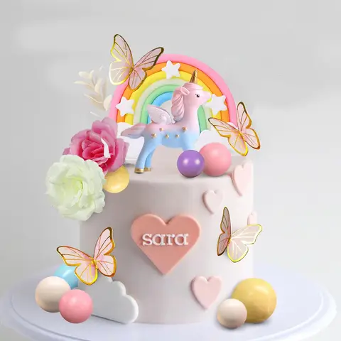 Décoration de gâteau licorne arc-en-ciel, 47 pièces, avec papillons, boules de licorne, décoration de gâteau d'anniversaire pour garçons et filles