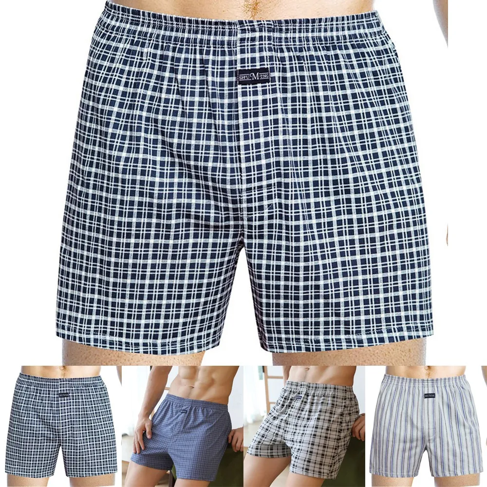 Men‘s Casual Loose Plaid Wide Leg Cotton Short Home Wear Underwear Soft Sleep Comfortable Underpant Breathable Briefs