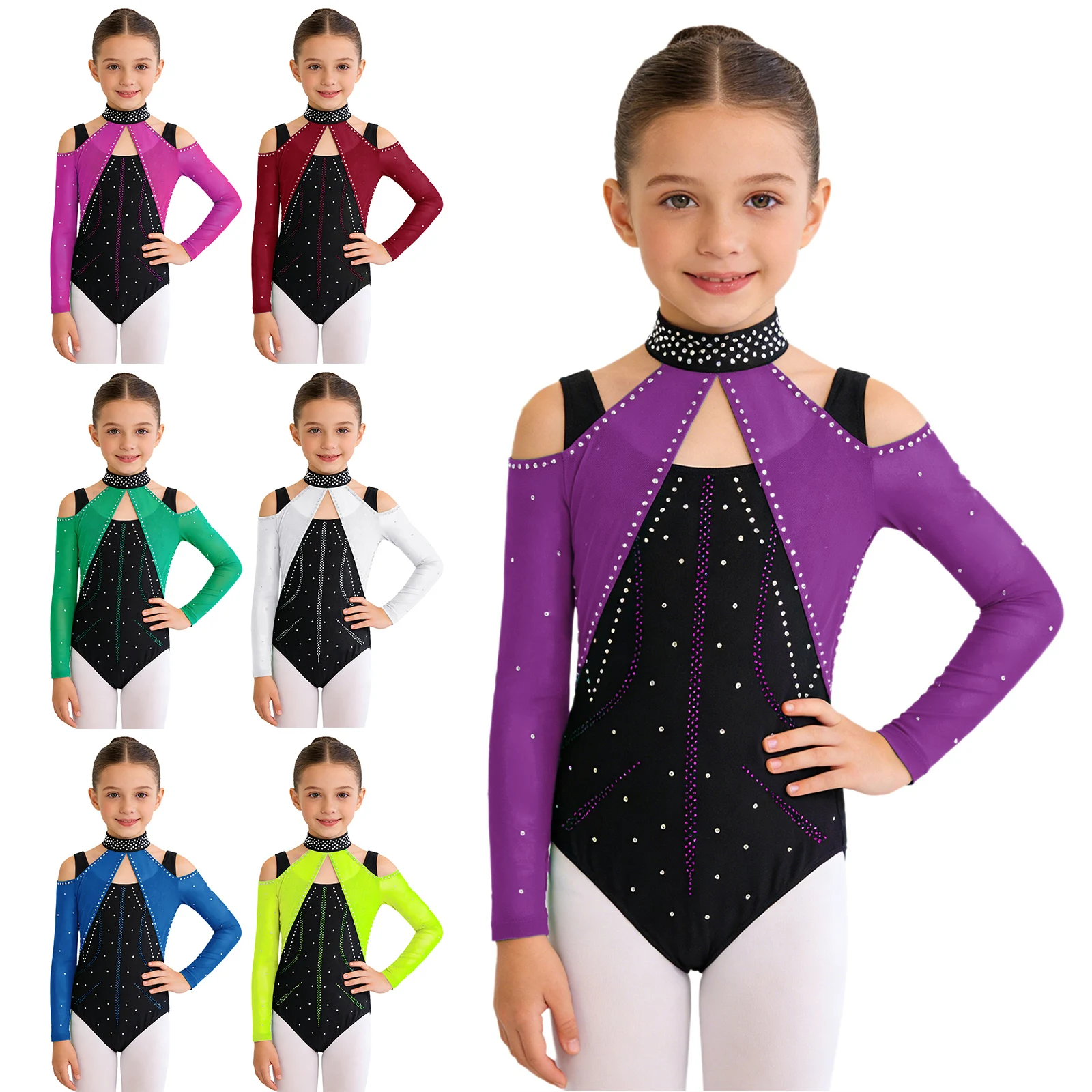 Kid Girls Cutout Mesh Patchwork Figure Skating Ballet Latin Dance Performance Costume Shiny Rhinestones Dress Clothes Dancewear - view 3