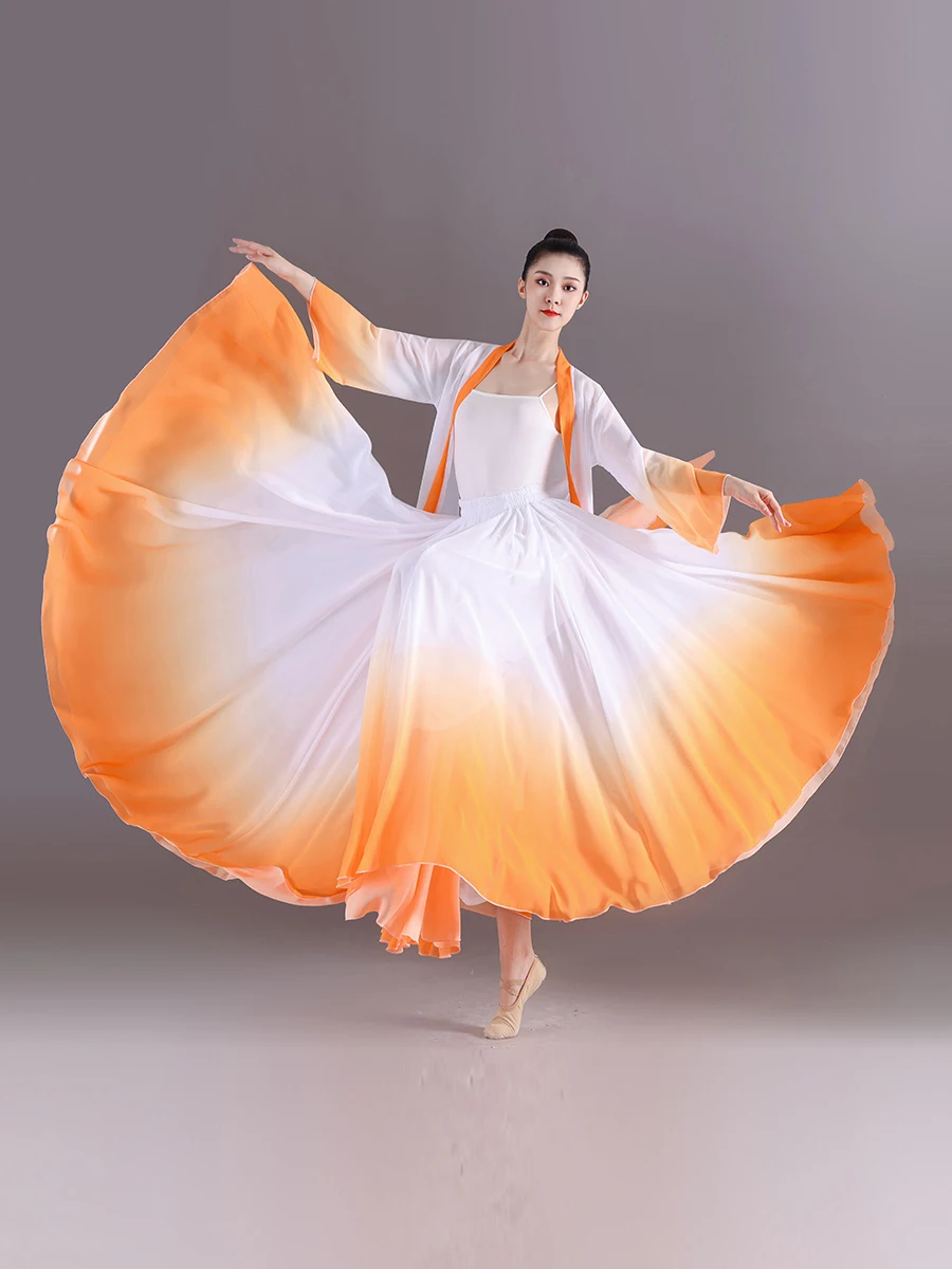 Saia de balé vermelha moderna, cor gradiente, feminina, chiffon, adulto, flamenco, longa, salão de baile, dança clássica
