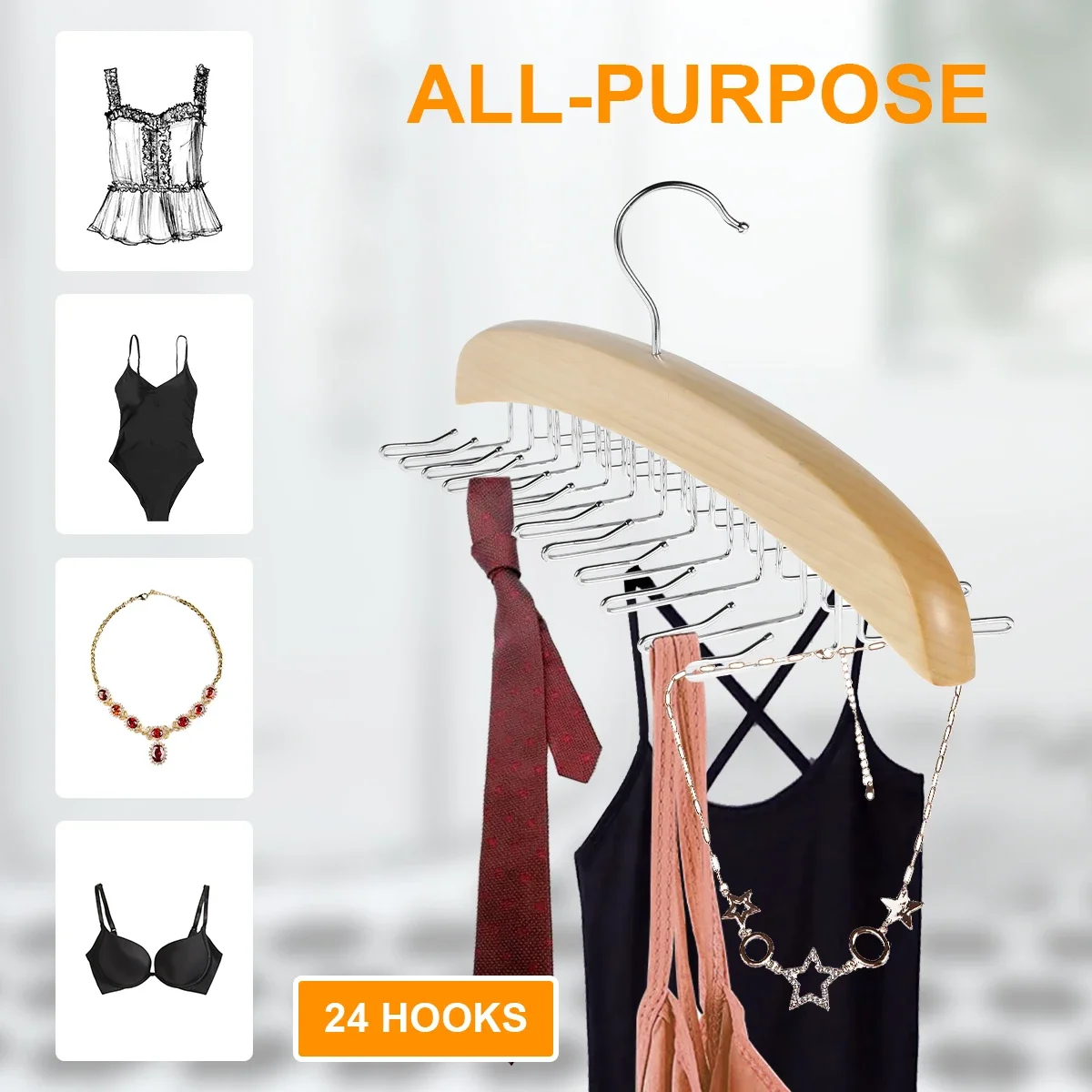 Wooden Underwear Hanger 360° Rotation Space Saving Camisole Storage Rack With 24 Hooks for Dress Tank Top Tie Closet Organizer