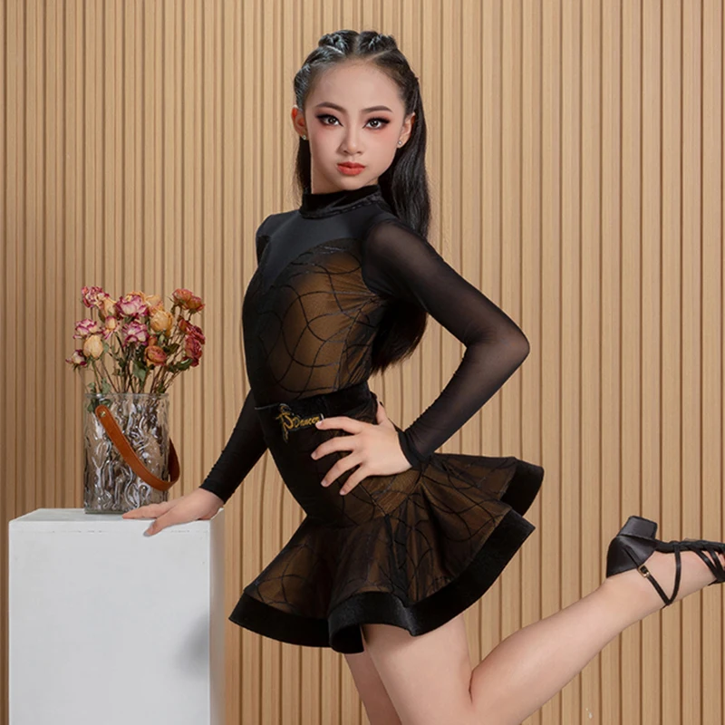 Nowe stroje do tańca latynoamerykańskiego dla dziewcząt, sukienka konkursowa, długi rękaw, siateczkowe wstawki, topy, spódnica z fiszbinami, długi rękaw, odzież do ćwiczeń BL17155