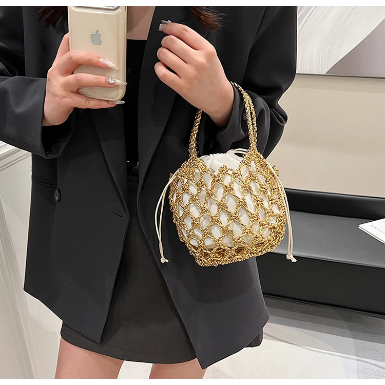 Summer Woven Bag Bucket Handbag and Purses Totes Shoulder Bag for Women Trendy Designer 2024 New Solid Ladies Travel Bags