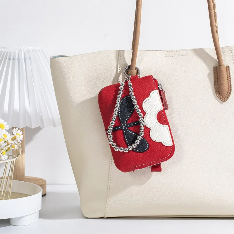brand Floral Patchwork Genuine Leather Mini clutch bag, women Top Grain Cowhide Zipper Coin purse with Detachable Chain Wristlet
