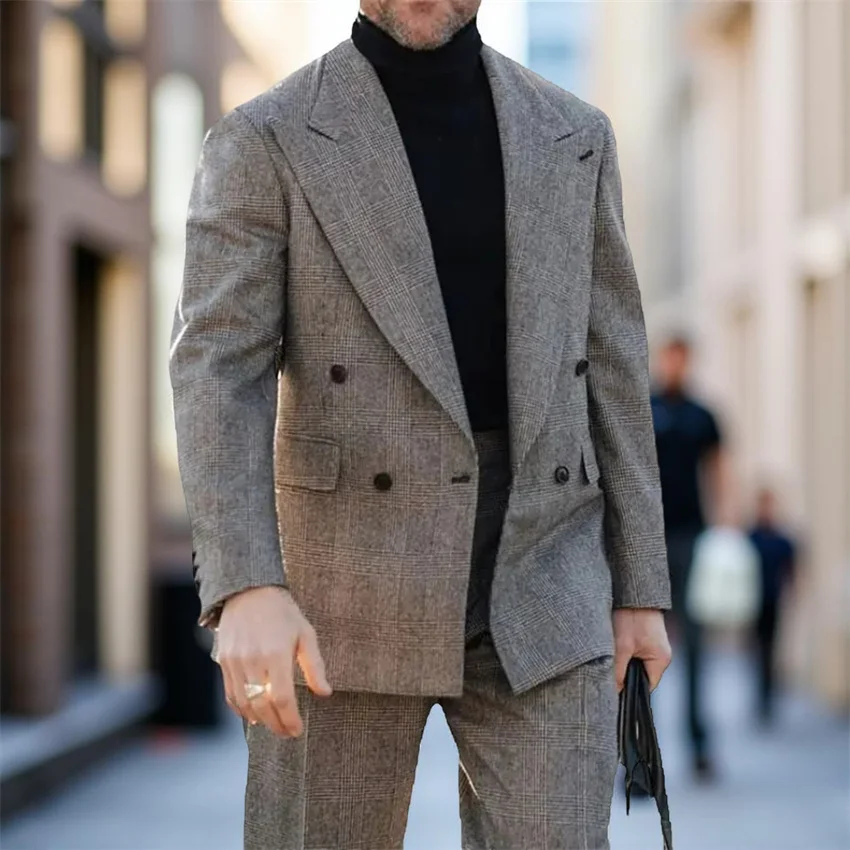 

Double Breasted Plaid Men Suits for Business Party Casual Formal Costume Wedding Slim Fit 2 Pcs Suit Set Jacket with Pants
