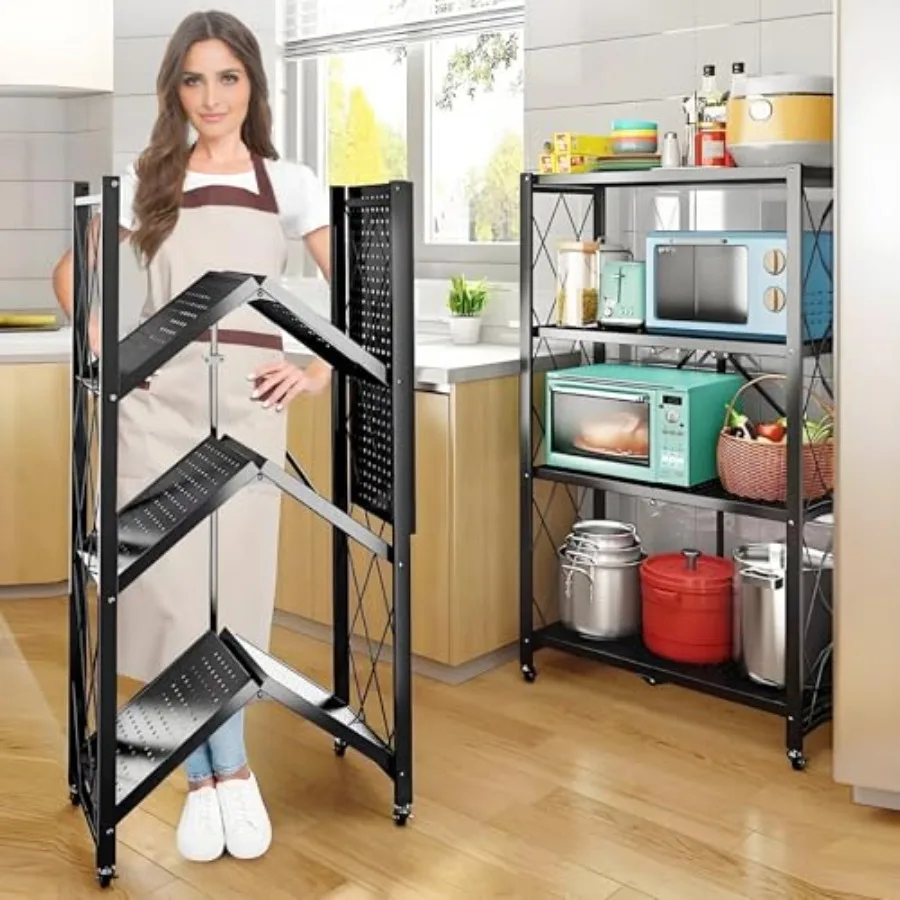 

4-Tire Storage Shelves Organizer Foldable Metal Garage Shelving Portable Closet Shelving Unit 28" x 13" x 48" Kitchen Bakers Ra
