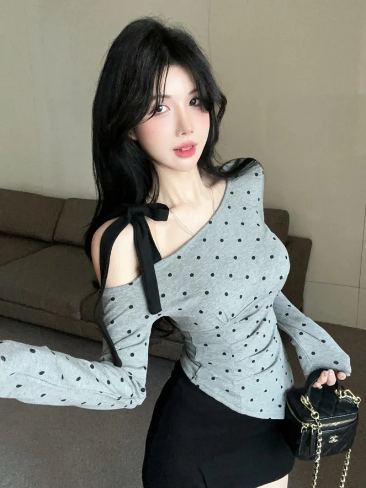 

Korean Style Long Sleeve T-Shirt Women's Design Sense Bow Tie Knot Strap Top Age Reduction Pure Desire Polka Dot As...