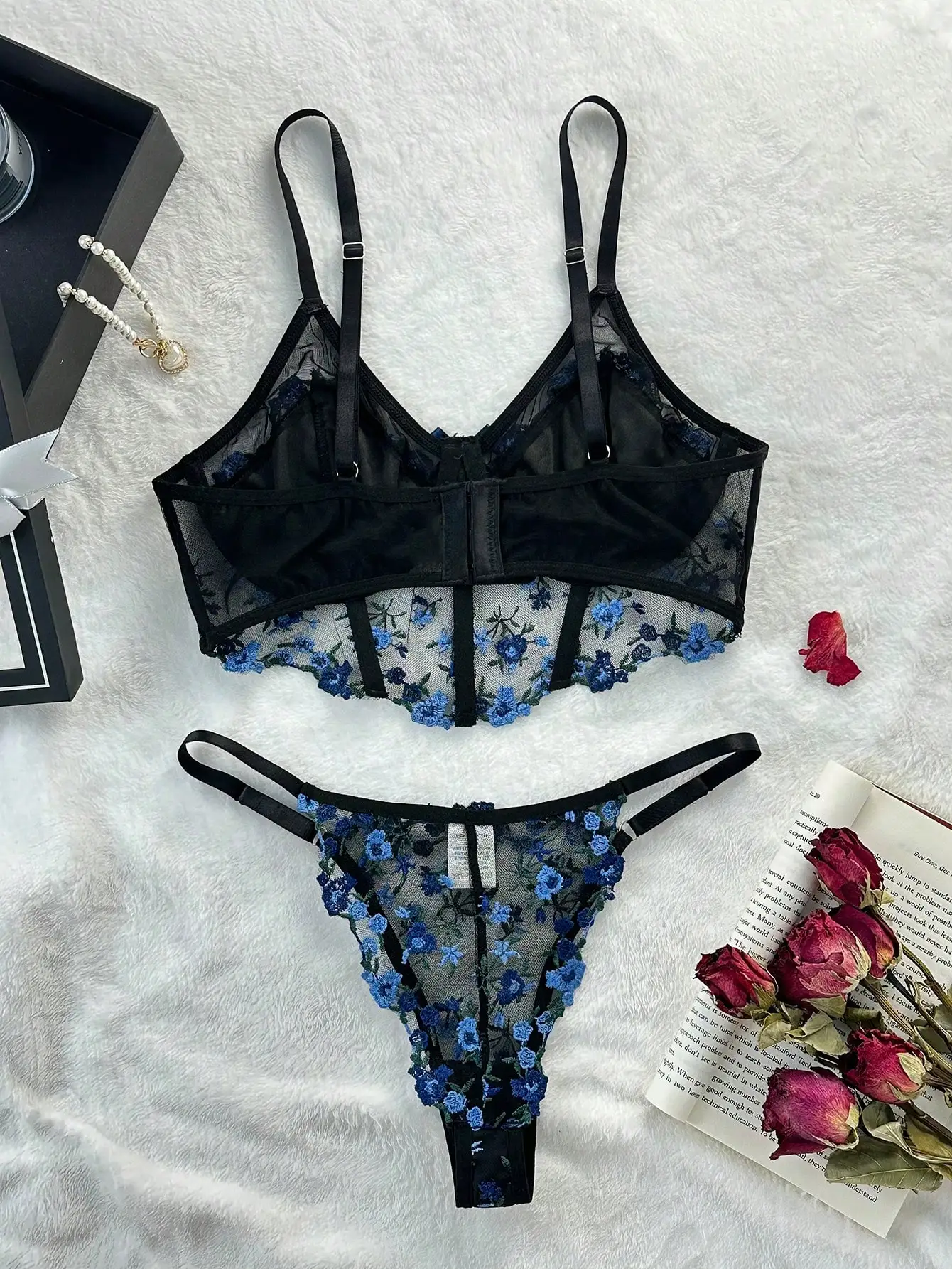 Floral Embroidery Lingerie Set Women Boho Sensual Erotic Sexy 2-Piece Bra + Panty Underwear Set 2024 Lace Sexy Erotic Costumes