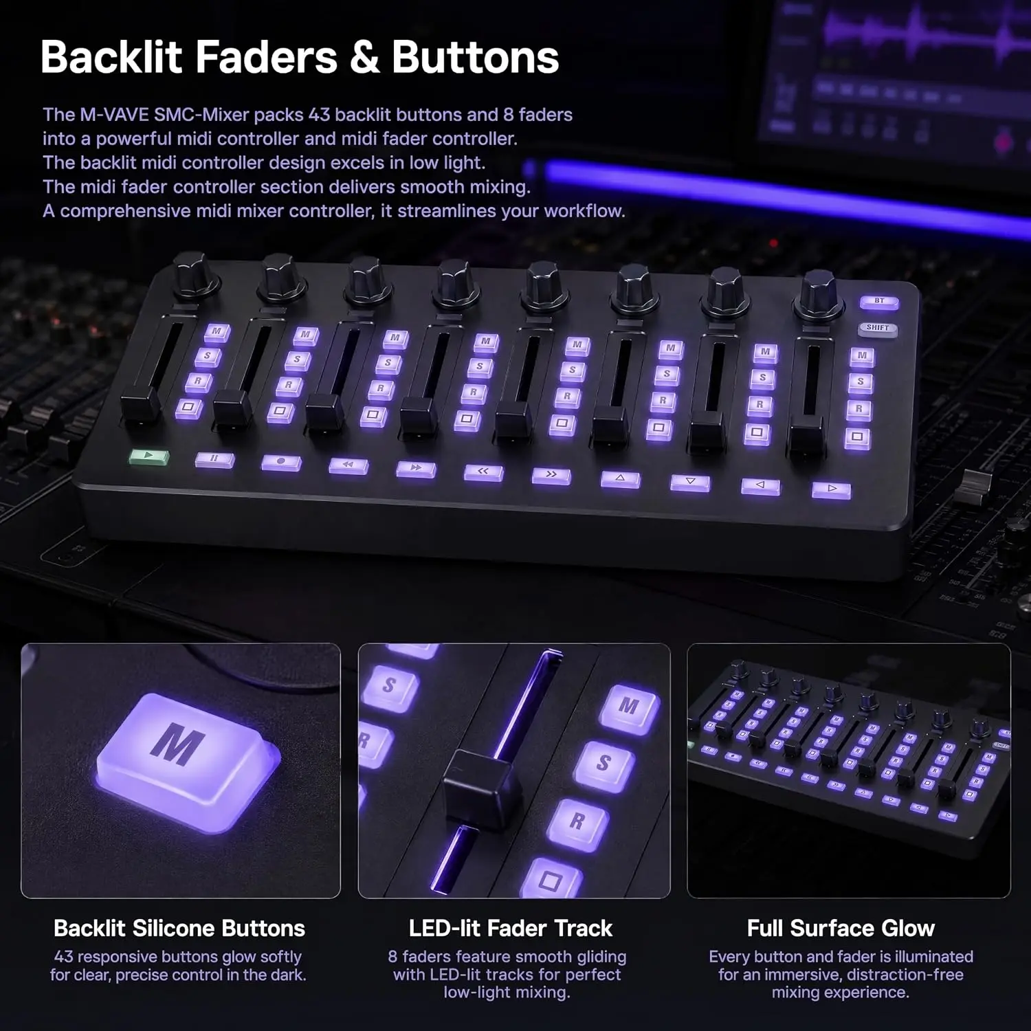 M-VAVE SMC-MIXER Portable Wireless MIDI Controller, 8 Faders 8 Knobs 43 Backlit Buttons, USB DAW Controller for Live Performance