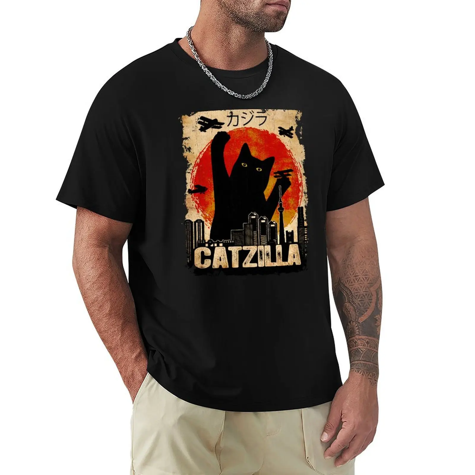 Vintage Catzilla Funny Black Cat T-Shirt for a boy custom t shirt blanks vintage graphic tee workout shirts for men