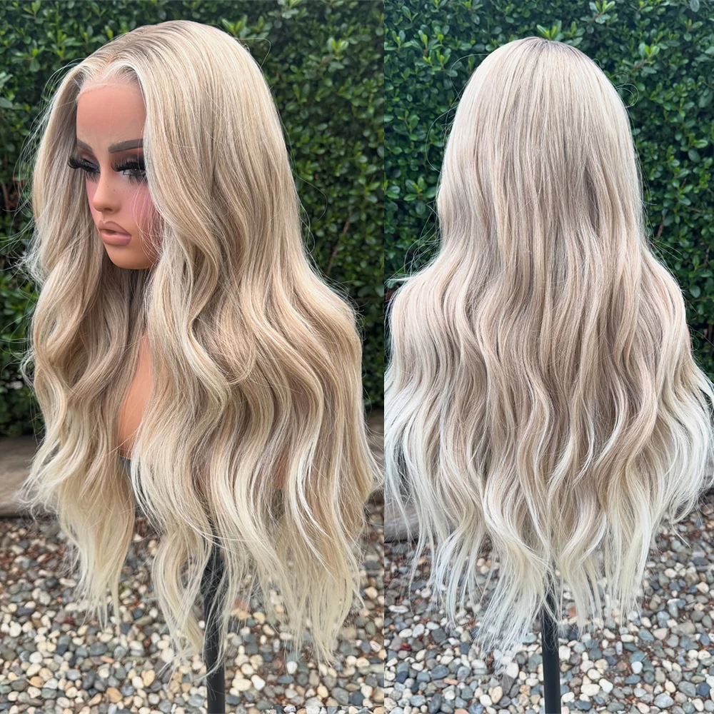

Natural Long Blonde Wigs Lace Frontal Soft Wave Synthetic Platinum Highlighted Cosplay Wig fo Women's Daily Wear Luxury Wavy