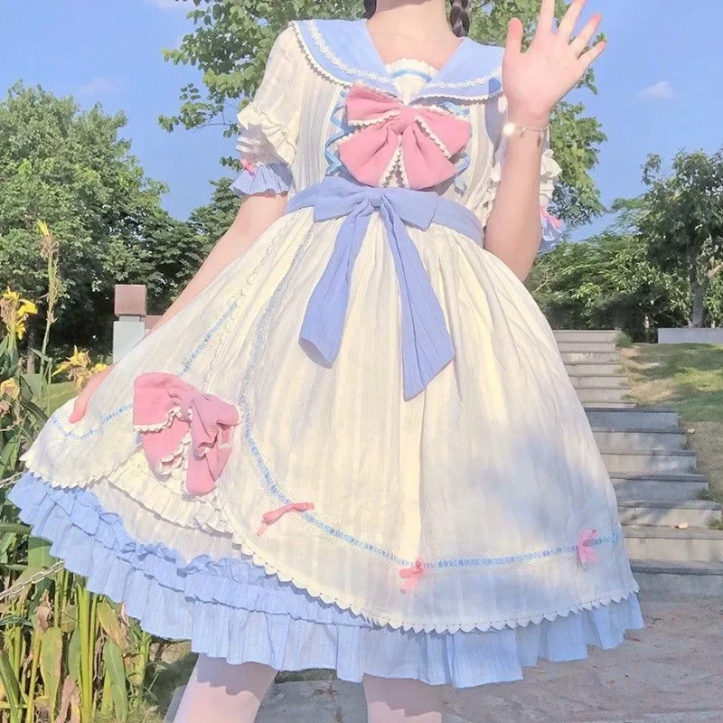 2025 NEW Summer OP Princess Dress Bow Sakura Hime Dresses Lolita Short Sleeved JK Lo Skirt Pleated Ruffle Edge Sailor Suit
