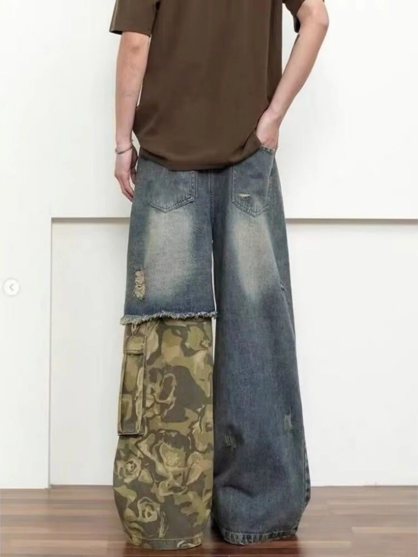 Retro American Style Men's Denim Jeans High Street Deconstructed Patchwork Washed out Hole Camouflage Heavy Leg Workwear Trou...