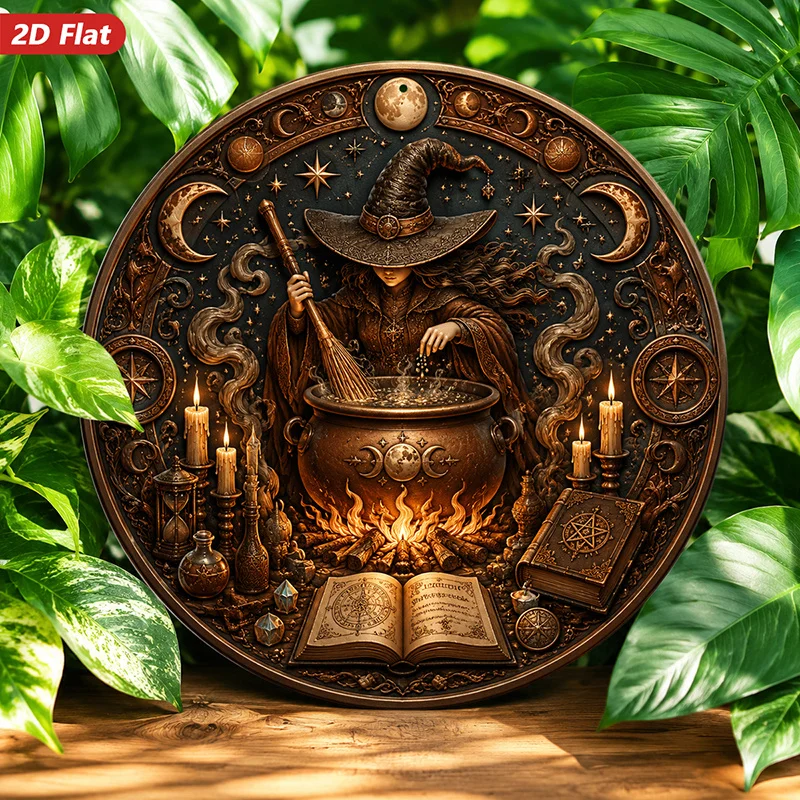 2D Flat, 1pc Round Metal Sign Wall Art, Witchy Home Decor, Cauldron And Candle Pattern, Gothic Style, Mystical Elements, for Liv