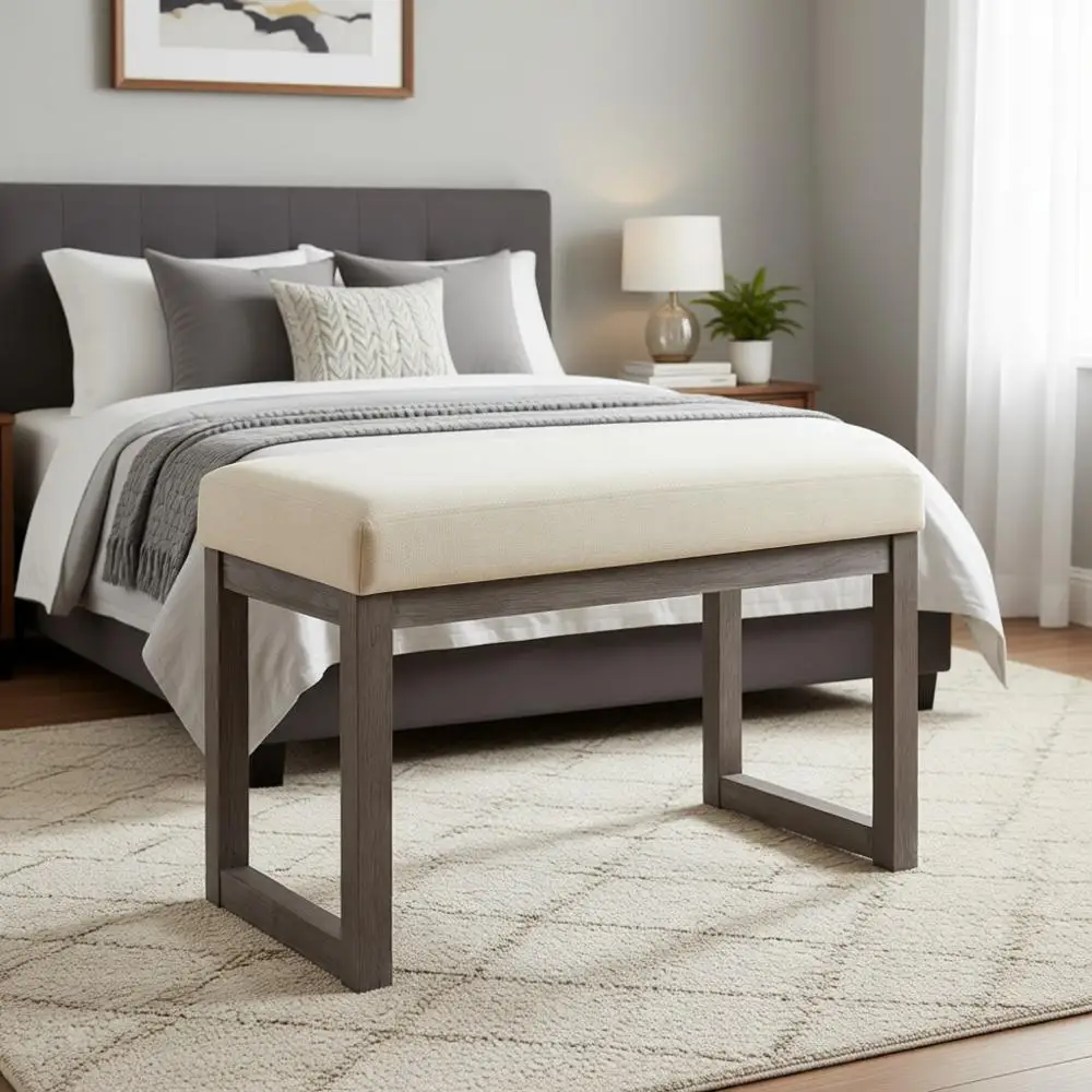 27 Inch Wide Ottoman Bench, Linen Fabric with Wooden Legs, Suitable for Entryway, Bedroom, and Living Room, Beige