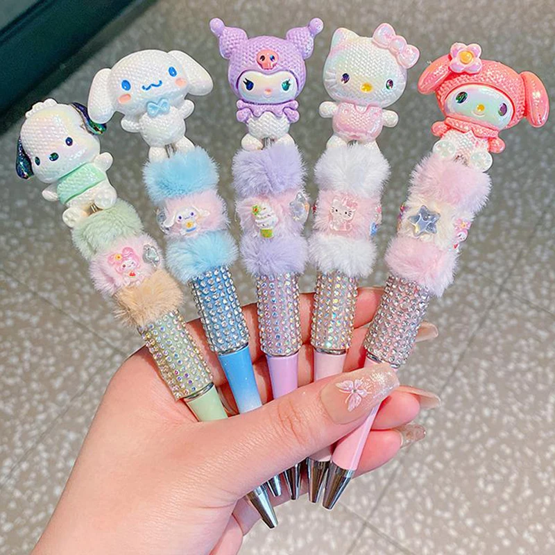 Sanrio Plush Bead String Pen Pochacco Cinnamoroll DIY Pen Hello Kitty Kuromi My Melody Cute Cartoon Stationery Birthday Gift