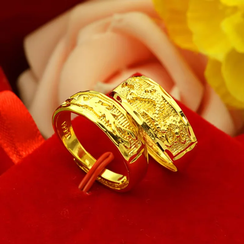 9999 Real Gold 24K Gold Jewelry Gold Wedding Dragon and Phoenix Ring Men's and Women's Couple Explosion