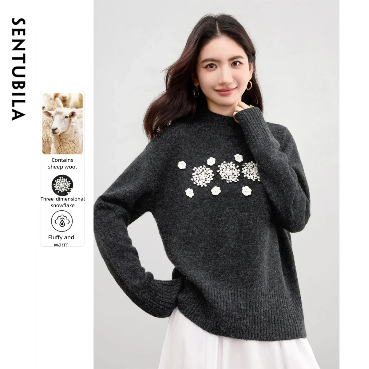

SENTUBILA Grey Pullovers For Woman 2025 Autumn Half High Collar Loose-fit Long Sleeve Knitted Sweater High Strecth W53EE3153