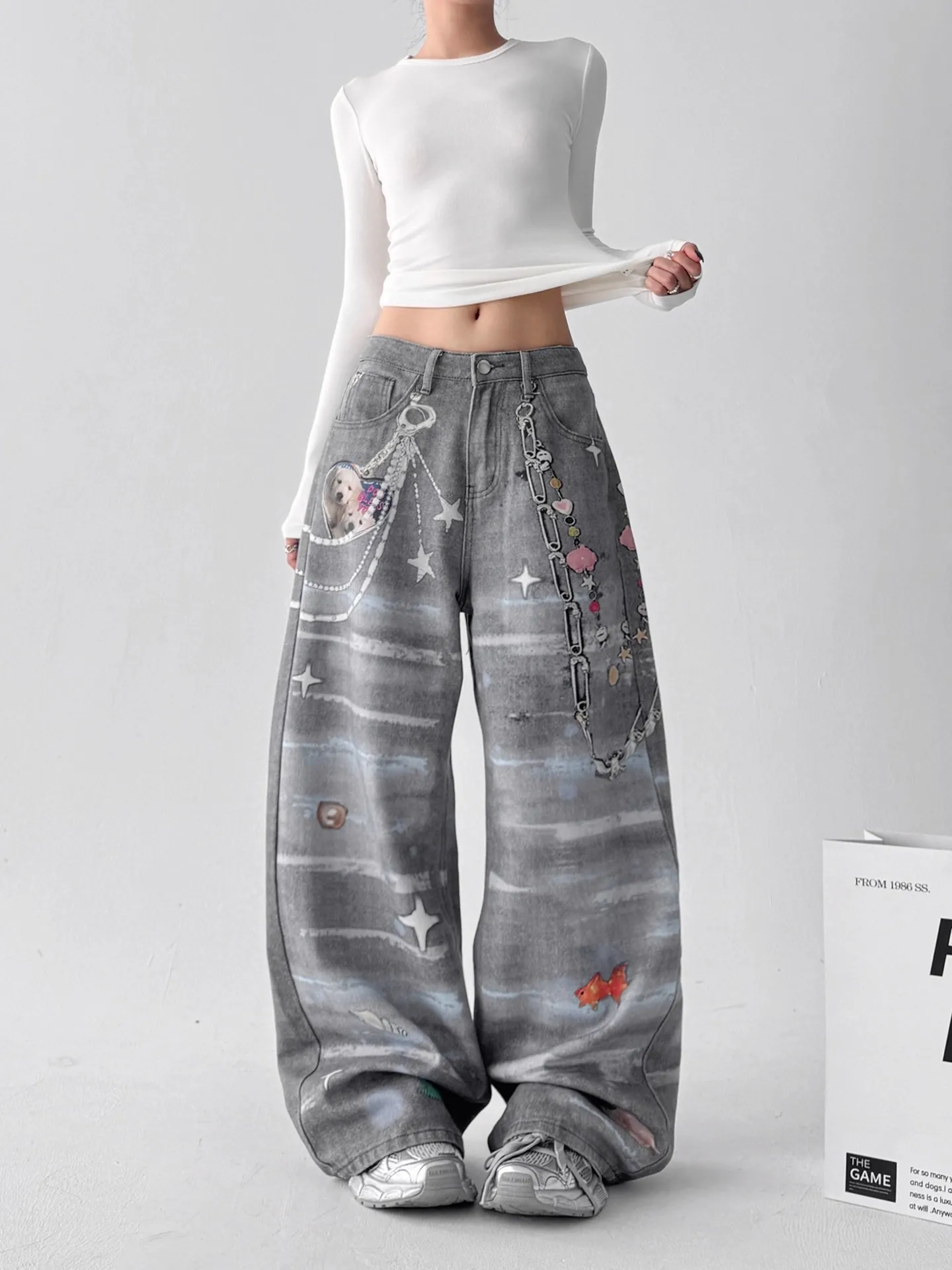 

Женские винтажные повседневные широкие джинсы с цветочным принтом Y2K Harajuku, уличный стиль, модный дизайн, очаровательные джинсовые брюки в японском стиле