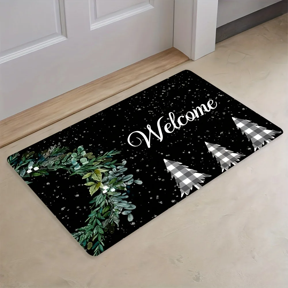 Merry Christmas Flannel Entryway Rug Water Absorbent Non Slip Floor Mat Snowing Xmas Tree & Stocking Print Welcome Carpet