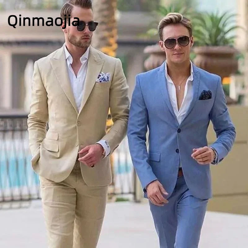 

2024 Ivory Men Suits for Beach Wedding Groom Tuxedos Notched Lapel Terno Two Pieces Groomsmen Wear Slim Fit Men Suits Costume