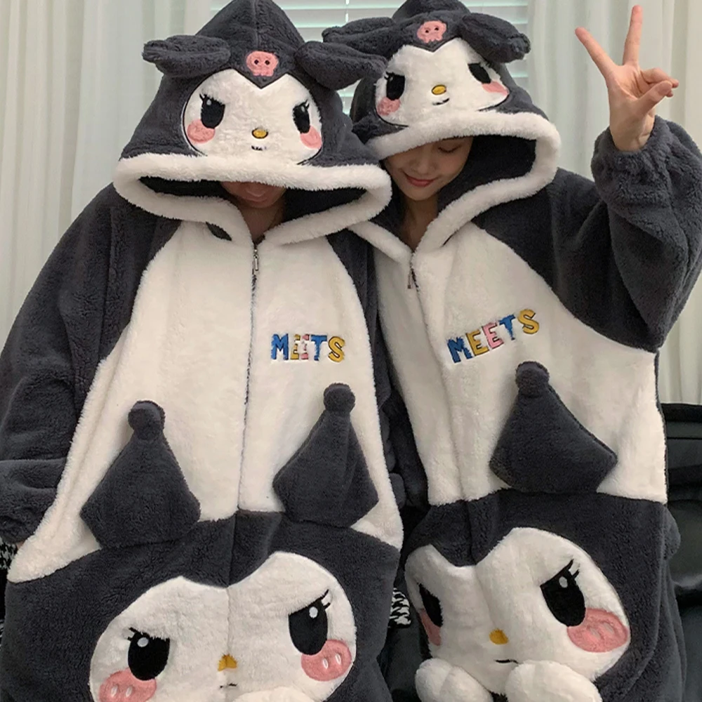 Anime Kuromi Jumpsuit Pajamas Sanrioed Cute Couple Plush Home Clothes Kawaii Cartoon Winter Men Women Hooded Plus Size Nightwear