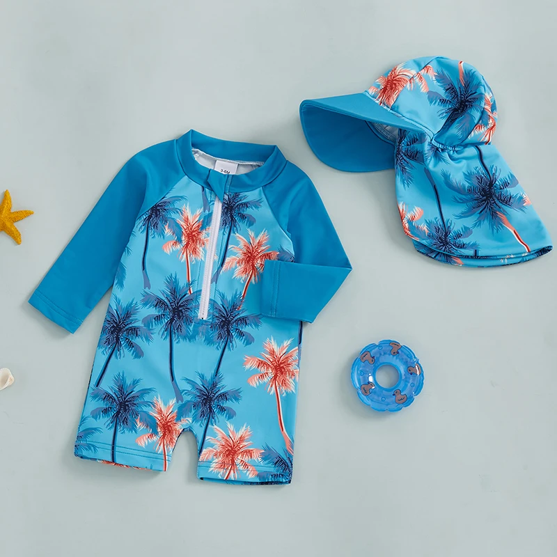 Baby Boys  Swimsuit with Shark Print Long Sleeve Rash Guard Zip Bathing Suit and Swim Cap Set