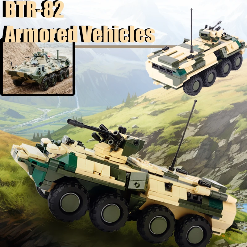 

Military Russian Army Soldier Vehicles Building Blocks BTR-82 Armored Car Mini Artillery Modern Tank Models Bricks Kids Toys