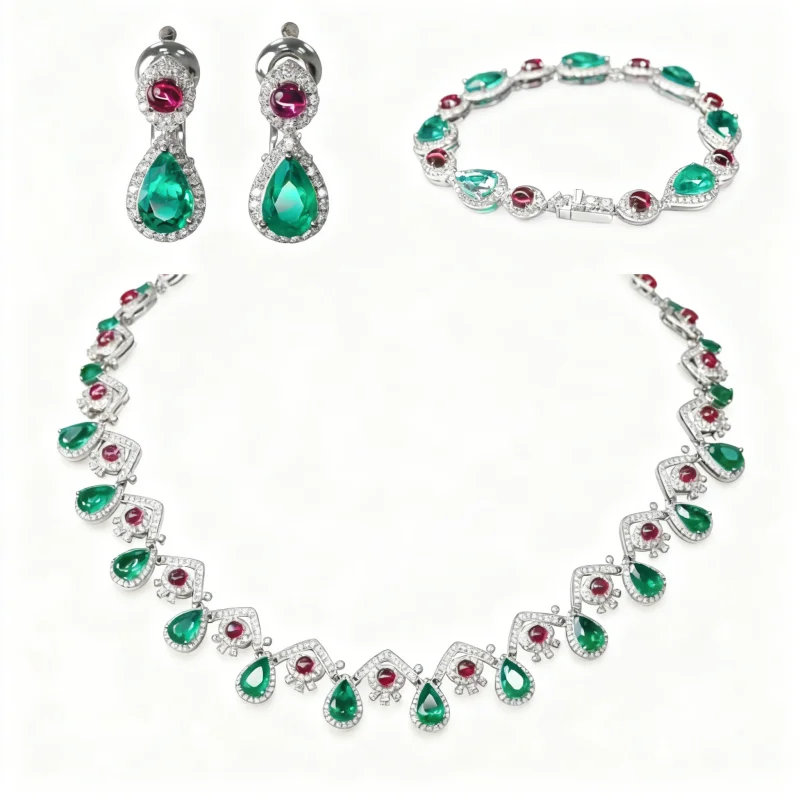 

BELLUX 925 Silver Gold Plated High Carbon Diamond Water Drop Cut Synthetic Emerald Ruby Colorful Party Luxury Jewelry Set