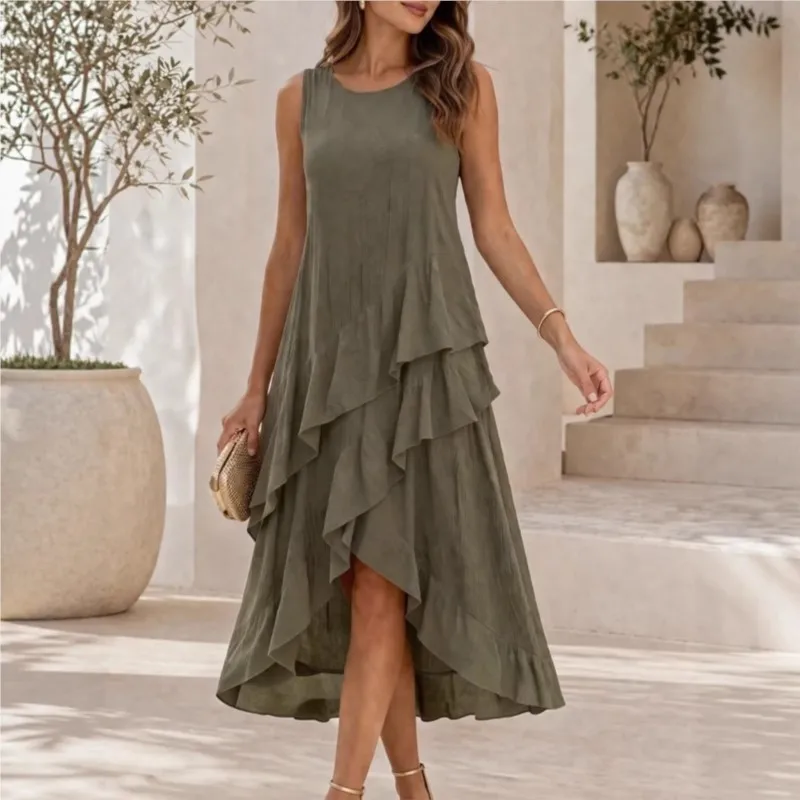 

Fashion Irregular Ruffle Edge Patchwork Design Dress Women's Summer Casual Solid Loose Sleeveless Dresses Ladies A-line Vestidos