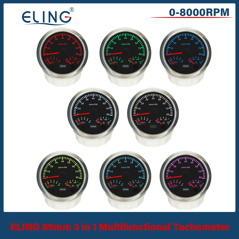 

Car Boat Universal 85mm 3 in 1 Multifunctional 3000RPM 8000RPM Tachometer with Oil Pressure Water Temp 7 Colors Backlight 9-32V