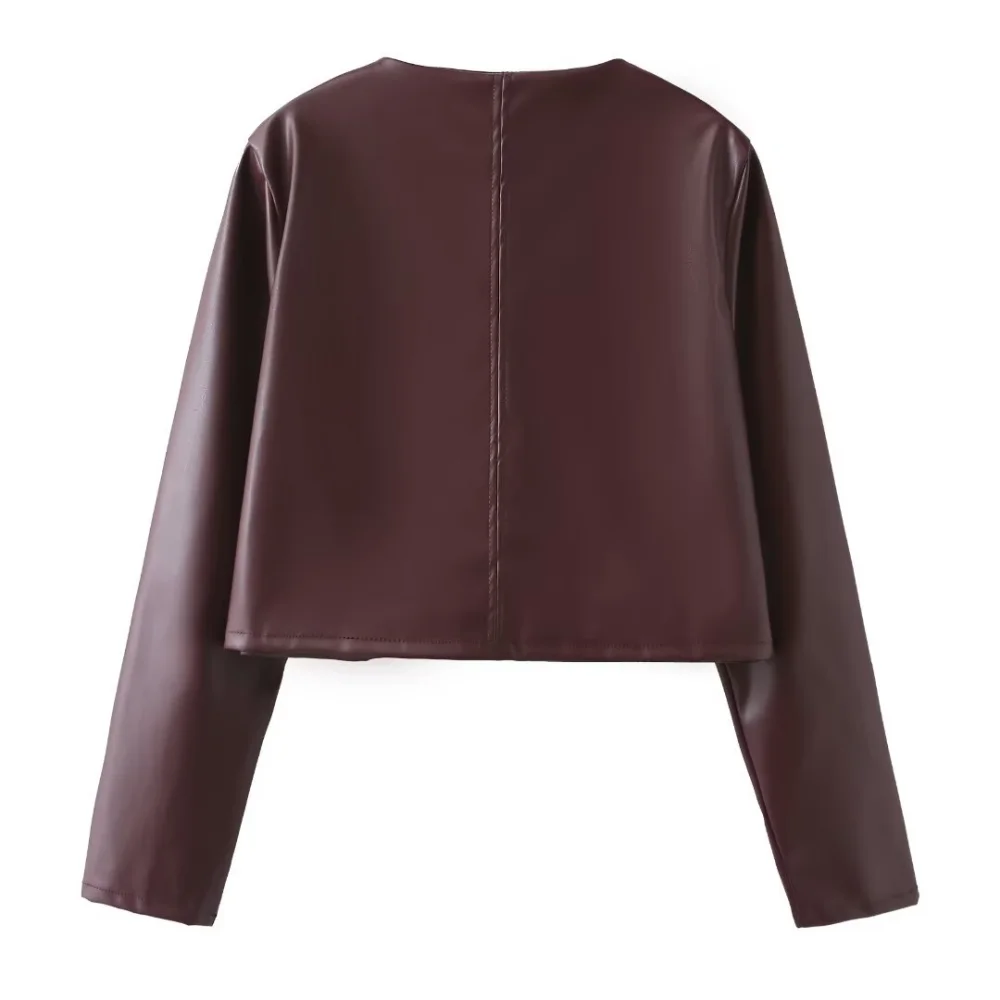 Veste en cuir de style parfumé pour femme, veste courte simple, manches longues, col rond, boutonnage, automne et hiver, nouveau