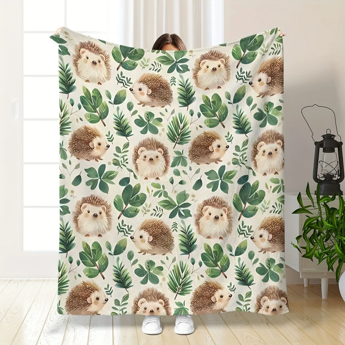 Watercolor Cute Hedgehog Green Leaf White Background All Over Print Flannel Blanket For Bedroom Sofa Children Warm Home Decor