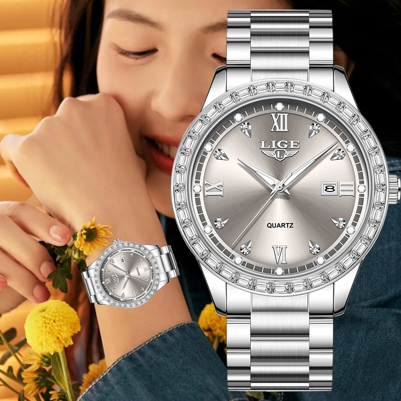 

Часы LIGE 2026, элегантные модные водонепроницаемые часы, кварцевые наручные часы, светящиеся часы из нержавеющей стали, деловой подарок, женские часы