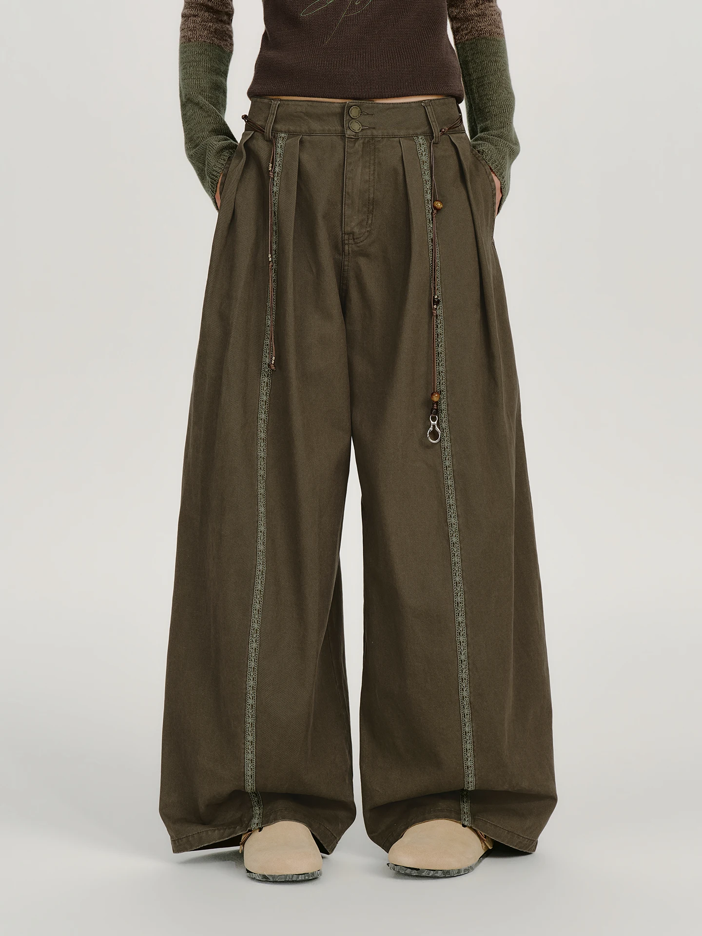 Girlyhalo American Retro Pleated Ruffle Straight Leg Casual Pants Women's Autumn New Loose High Waist Wide Leg Long Trousers