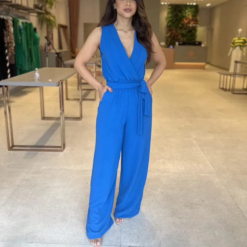 Women Jumpsuits Sleeveless Rompers V Neck Overalls Wide Leg Pants High Street Y2k Loose Jumpsuit One Piece Sashes Ankle Length