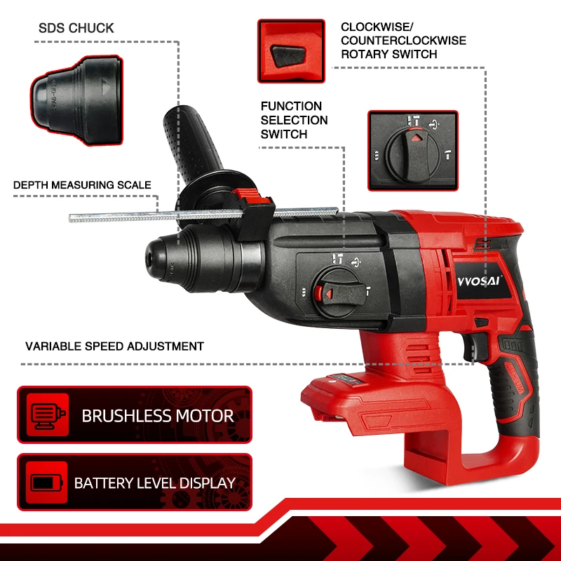 VVOSAI Electric Impact Drill Rotary Hammer Brushless Cordless Hammer Electric Drill for 18V Makita Lithium Battery