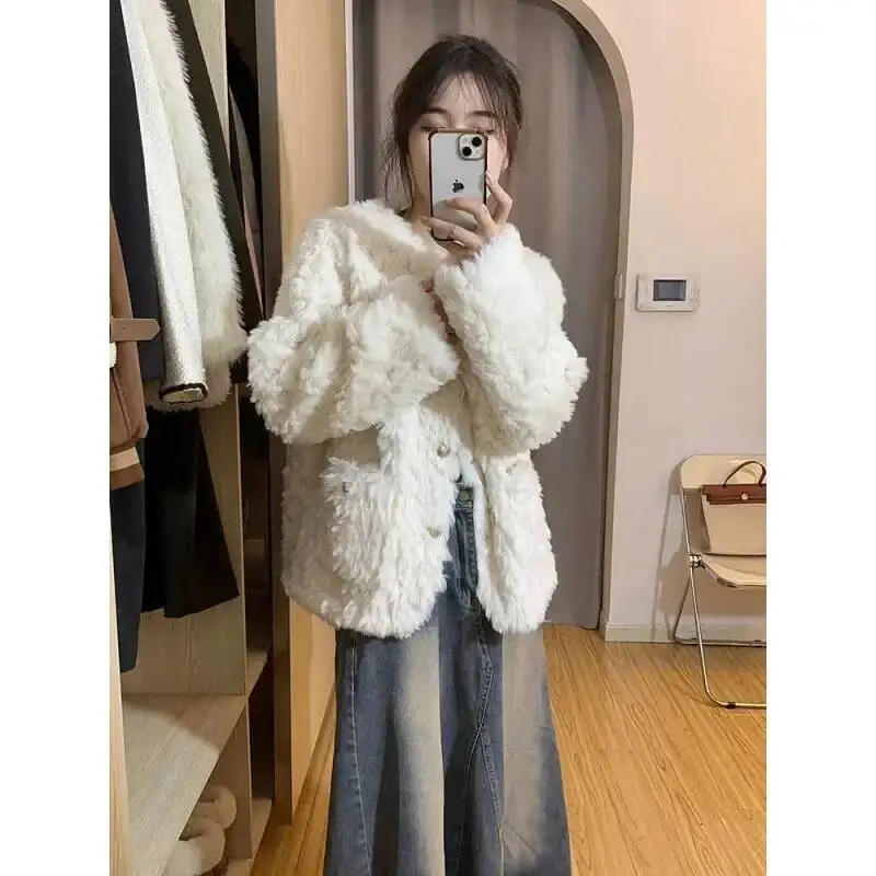 

Lamb Fur Jacket Thickened White Loose Fit Autumn Winter New Style Small Size Cotton Coat For Women Chinese Brand AE Stock