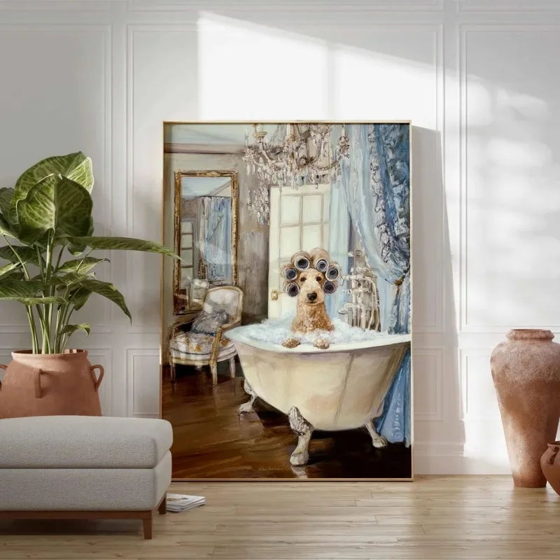 French Dog Art Print, Funny Poodle in Bath Painting, Quirky Animal Wall Art, Vintage Bathroom Decor Gallery Wall, Dog Lover Gift
