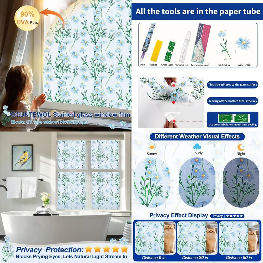 

Пленка для окон с узором в виде ромашек, антибликовая, с защитой от УФ-излучения, съемная декоративная наклейка на окно для дома/ванной комнаты (35 шт.)
