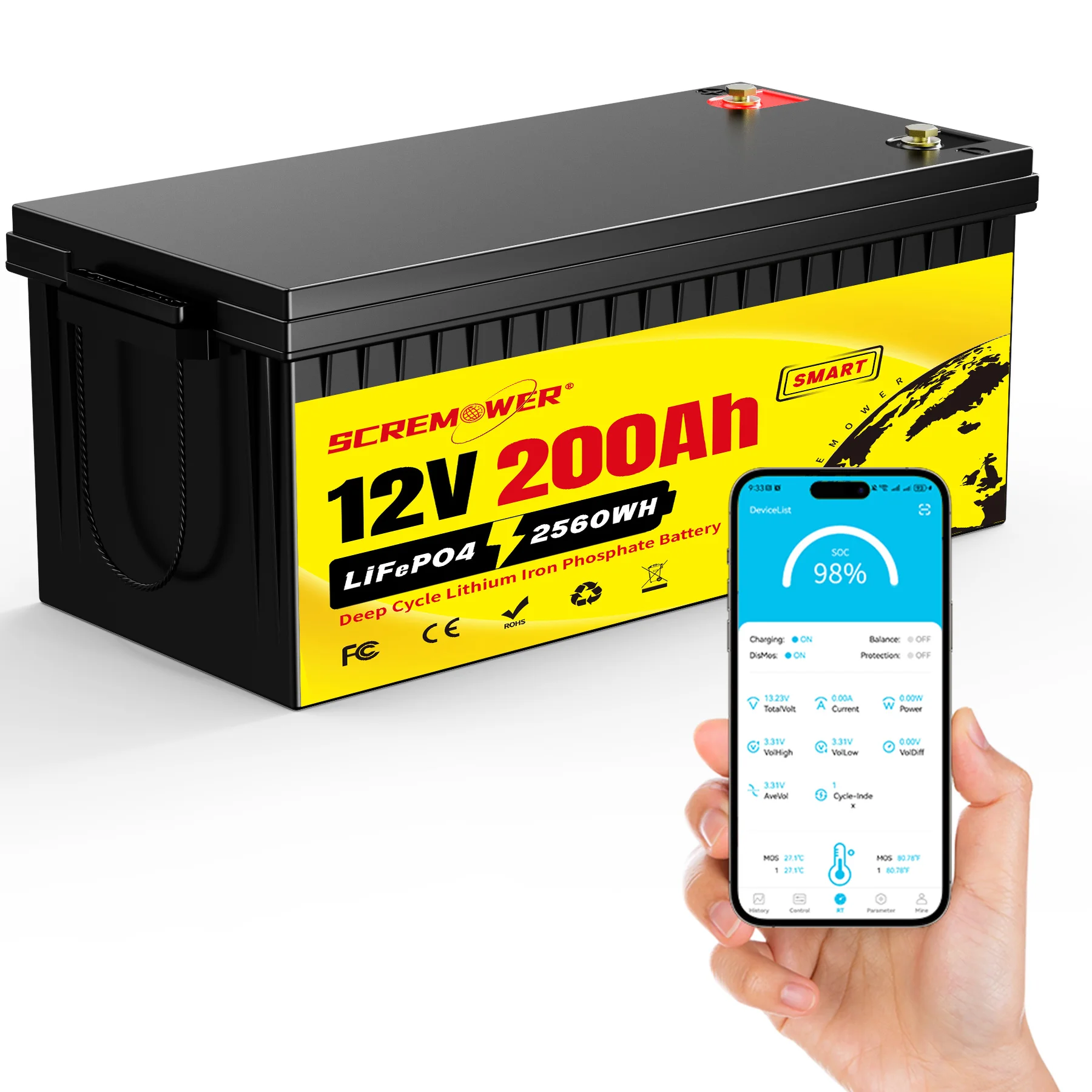 

12V 200Ah Lithium LiFePO4 Deep Cycle Battery with 2560Wh Energy Max Built-in 200A BMS for RV Solar Home Boat Off-grid Forklift