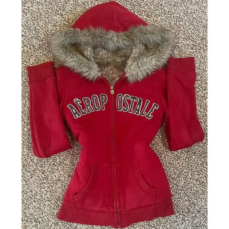 เสื้อฮู้ดฮาราจูกุ Y2K กอธ แต่งขนเฟอร์  ทรงเข้ารูป หนา สีแดง  เสื้อแจ็คเก็ตขนแกะสไตล์วินเทจ เสื้อฮู้ดสาวฮอต